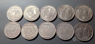 n. 10 Monete R.I. da Lire 100 "Ulivo" 1993/1994