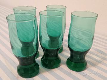 Set 5 Bicchieri Vetro Verde Vintage Anni 70 H12cm