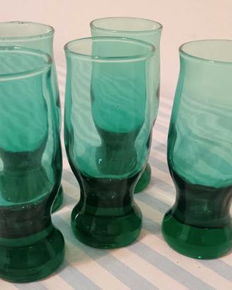 Set 5 Bicchieri Vetro Verde Vintage Anni 70 H12cm