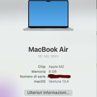 Apple Macbook Air 15” M2 8gb ram 256gb