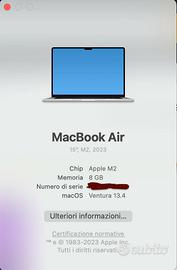 Apple Macbook Air 15” M2 8gb ram 256gb