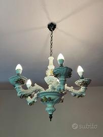 Lampadario Vintage in Ceramica con Rose 5 Luci