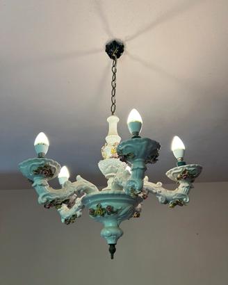 Lampadario Vintage in Ceramica con Rose 5 Luci
