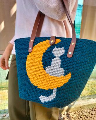 Borsa tote in tessuto fatta a mano con gatto