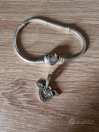 Pandora argento bracciale e charm cuore con ali