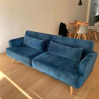Divano 3 Posti - Blu Velour con Gambe in Legno