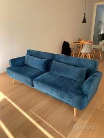 Divano 3 Posti - Blu Velour con Gambe in Legno