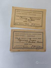 lotto 2 tessere azione cattolica 1937 - 1938