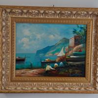 Quadro marina e pescatori dipinto a mano, antico
