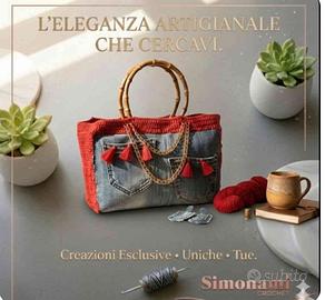 Borsa Jeans E Cotone Fatta A Mano All' Uncinetto 