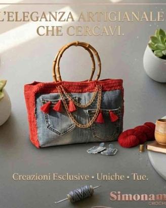 Borsa Jeans E Cotone Fatta A Mano All' Uncinetto 