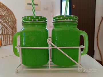 Set 2 Barattoli Mason Jar con Cannuccia & Stand