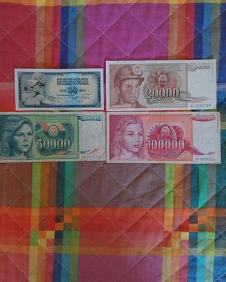 Lotto di 4 vecchie banconote Jugoslavia