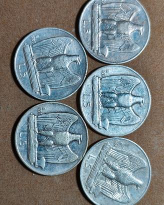lotto 5 PZ 5 lire argento aquilino 1928 raro 