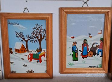 2 quadrini Naif, pittura su vetro, pittore slavo