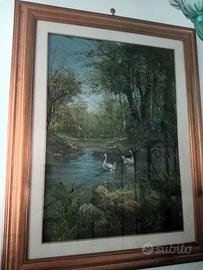 Quadro dipinto originale  - Bosco con cigni