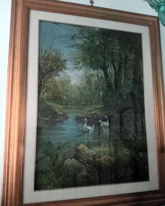 Quadro dipinto originale  - Bosco con cigni