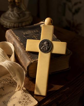 Antica croce capo culla ivorina medaglia argento