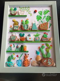 Quadretto,Cactus , vetrini e piastrelline di mare 