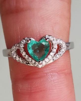 Anello Argento S925 Smeraldo Cuore e Zirconi NUONO