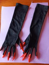 Guanti Lunghi Neri Costume Halloween Unghie Rosse