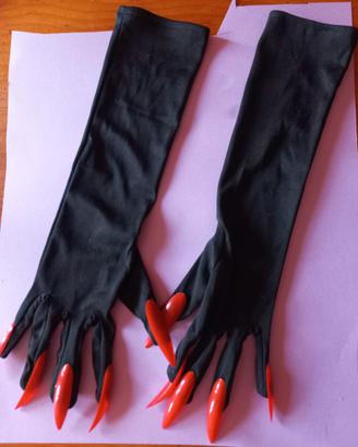 Guanti Lunghi Neri Costume Halloween Unghie Rosse