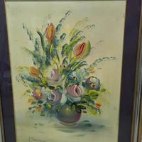 Quadri,  Vaso di Fiori e Carrozza su Viale, olio