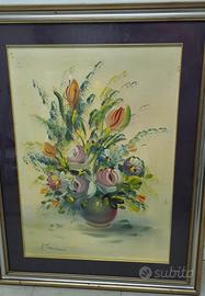 Quadri,  Vaso di Fiori e Carrozza su Viale, olio