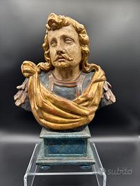 Antico busto in legno policromo XVIII Sec uomo