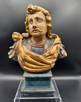 Antico busto in legno policromo XVIII Sec uomo
