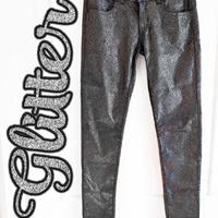 Skinny Jeans Vita Bassa Brillantini Argento Nero