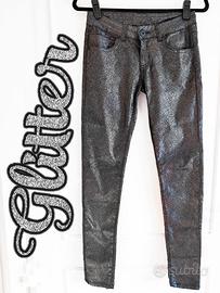 Skinny Jeans Vita Bassa Brillantini Argento Nero