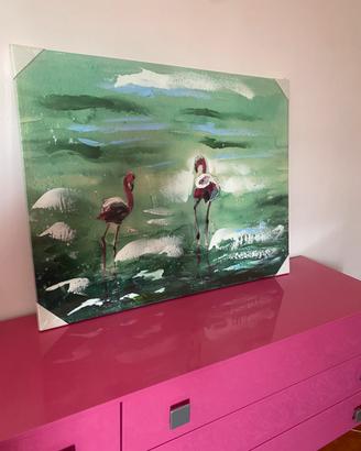 Quadro moderno dipinto 90x70 fenicotteri natura