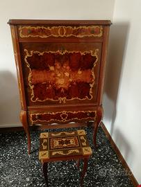 Mobile bar in legno intarsiato vintage + tavolino