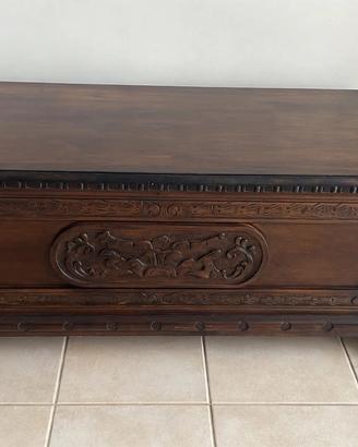 Cassapanca baule in legno intarsiato vintage