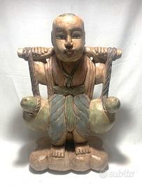 Scultura Legno Orientale Portatore Brocche 39cm XX