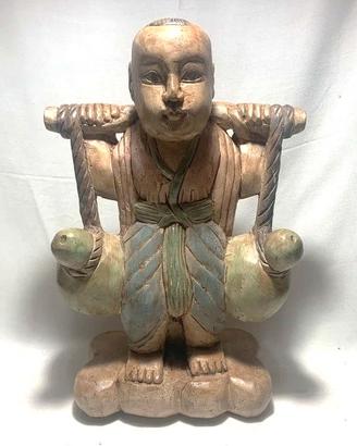 Scultura Legno Orientale Portatore Brocche 39cm XX