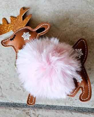 Portachiavi con renna e pon pon rosa fluffy 