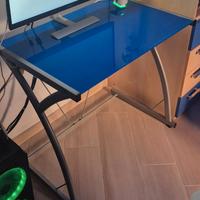 scrivania moderna in vetro temperato blu e metallo