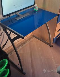scrivania moderna in vetro temperato blu e metallo