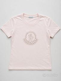 Moncler T-shirt rosa cipria con logo ricamato - M