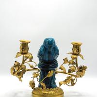 Candeliere Bronzo Dorato e Porcellana Blu - Cina