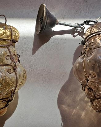 2 lanterne  vetro soffiato Murano e ferro battuto 