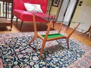 Tavolino legno e vetro con vaschetta in metallo