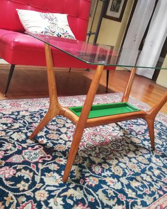 Tavolino legno e vetro con vaschetta in metallo