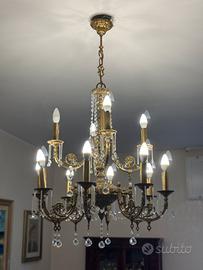 Lampadario 12 luci ottone e cristallo