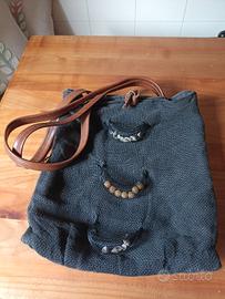 Borsa a tracolla in cotone e manici in pelle