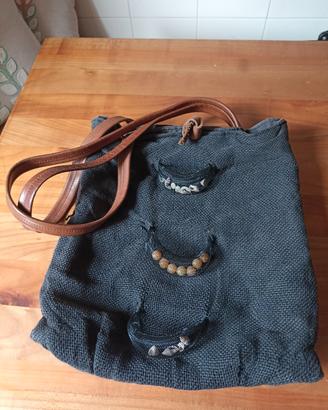 Borsa a tracolla in cotone e manici in pelle