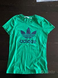 T-shirt Adidas verde logo Trefoil blu, taglia 38