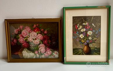 Coppia quadretti vintage rose e fiori di campo